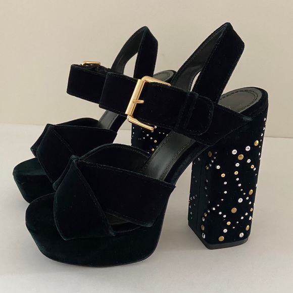 MAJE Studded Dark Green Velvet Platform Sandals - Picture 8 of 16